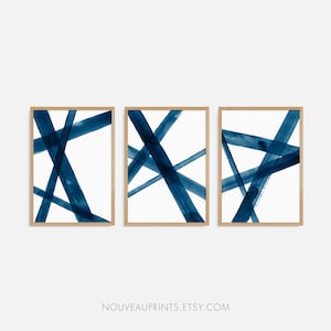 Set de 3 cuadros pinceladas azul, Conjunto de 3 carteles abstractos descargables, Arte minimalista moderno azul noche