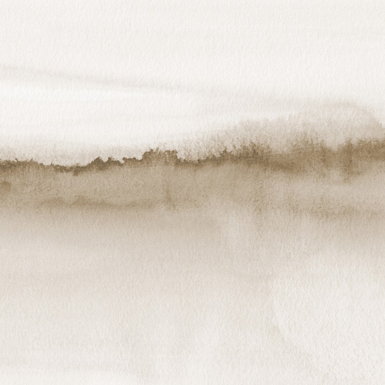 以下が含まれることがあります： 白い空に茶色の風景を描いた水彩画。茶色の絵の具が混ざり合ってグラデーション効果を生み出している。