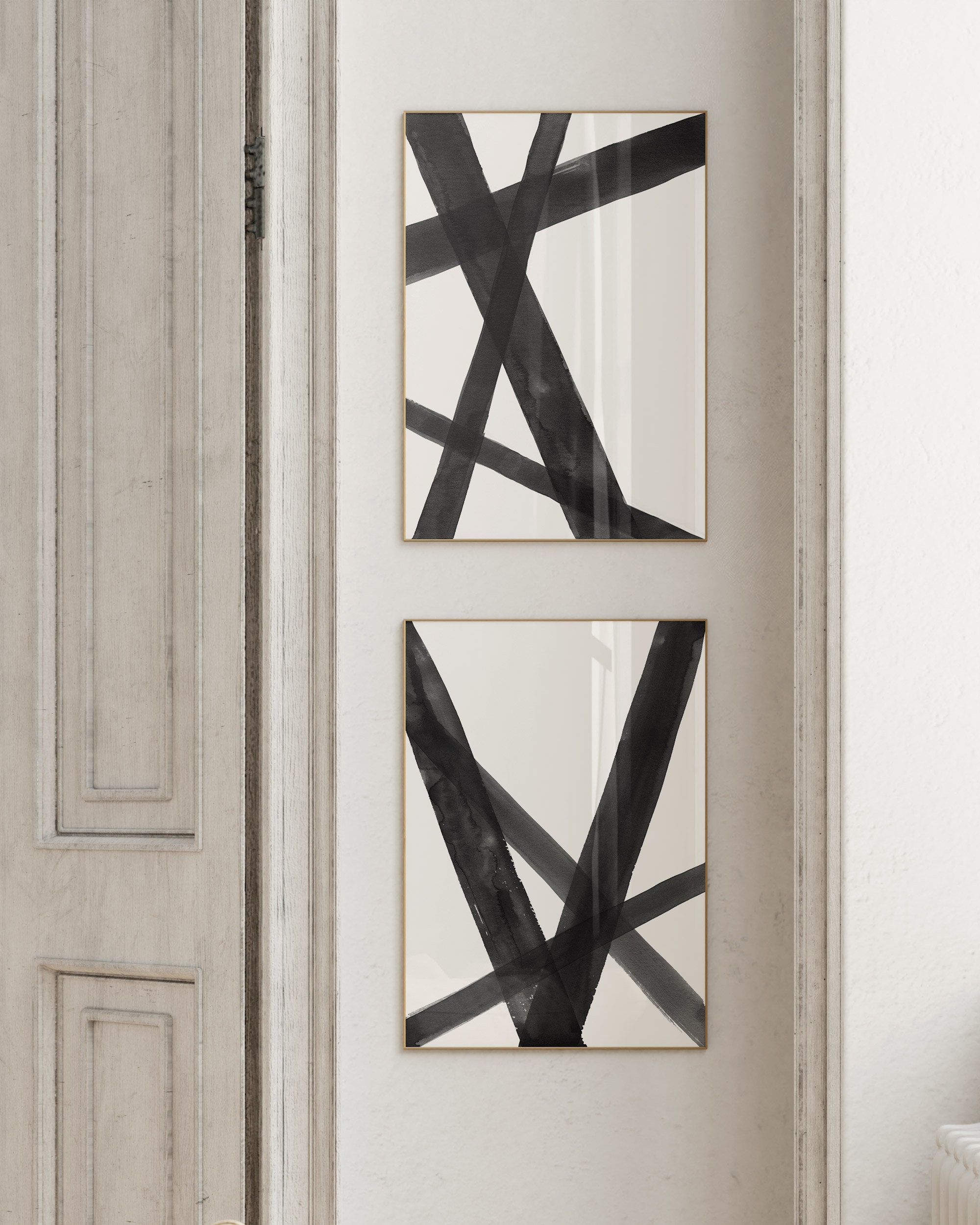 Brush Strokes Black White 2 Piece Wall Art, Modern Abstract Watercolor ...