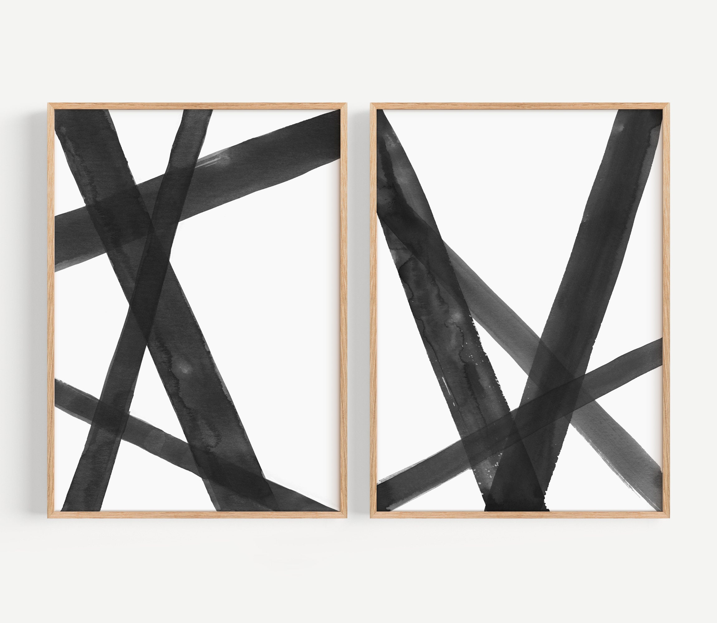 Brush Strokes Black White 2 Piece Wall Art, Modern Abstract Watercolor ...
