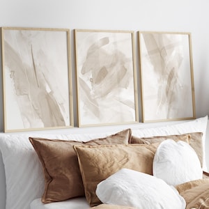 Set di 3 stampe astratte beige, arte stampabile con pennellate neutre, set astratto di grandi dimensioni per soggiorno, dipinti con pennellate moderne neutre