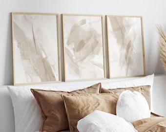 Set of 3 Beige Abstract Prints, Neutral Brushstroke Printable Art, Large Size Abstract Set for Living Room, Neutral Modern Strokes Paintings