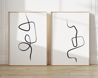 Set of 2 Minimal Lines Prints, Modern Ink Lines Print, Modern Minimalist Black And White Line Drawing, Abstract Line Art Instant Download