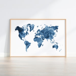 Mapamundi Azul, Mapa Azul Descargable, Lamina Mapa Acuarela, Mapamundi Imprimible, Cuadro Mapa del Mundo Azul Noche, Lamina Nordica Oficina