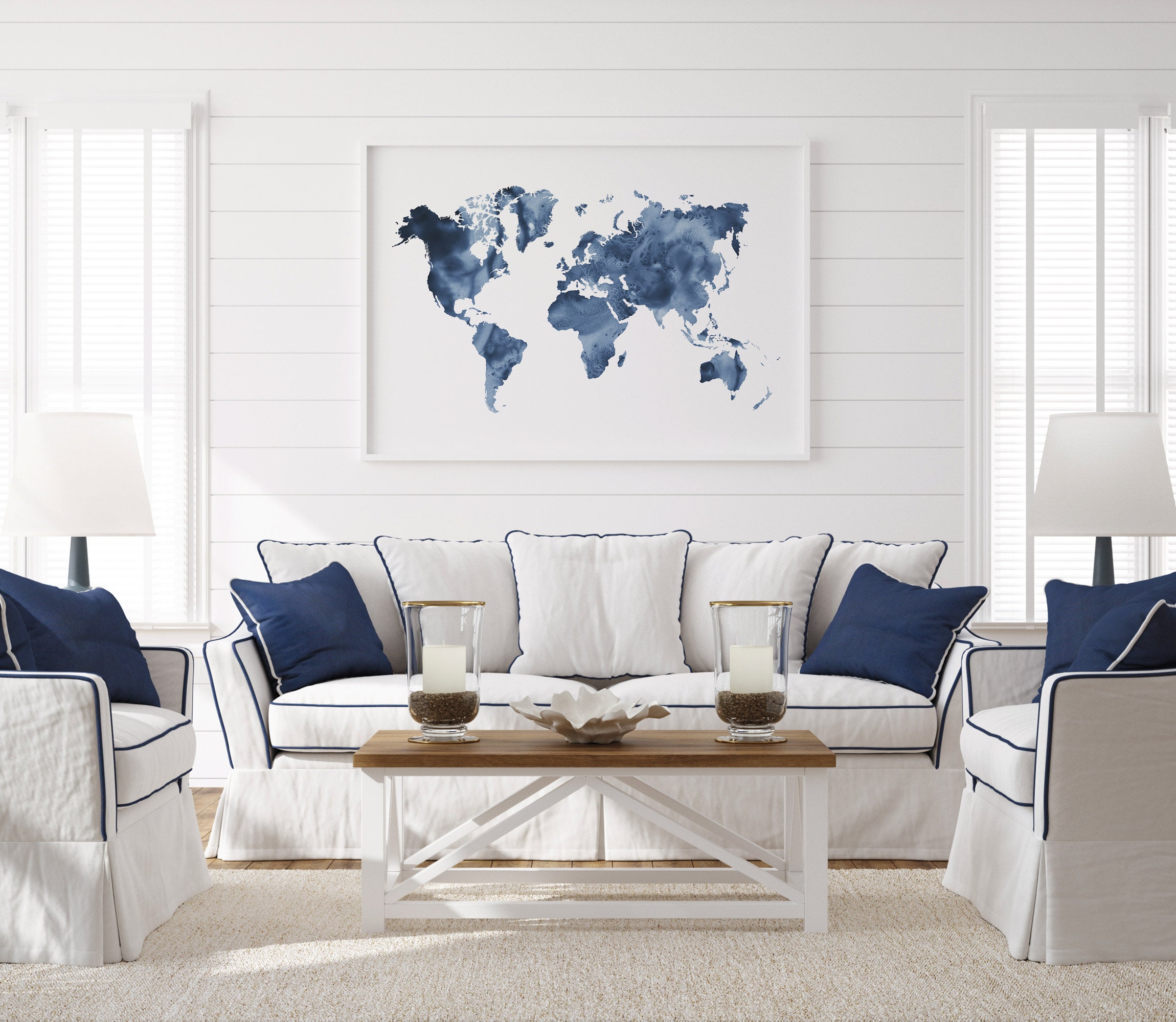 Blue World Map Print, Watercolor World Map Wall Art, Minimalist Navy ...