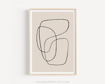 May include: Abstract line art print with black lines on a beige background. The print is framed in a light wood frame.