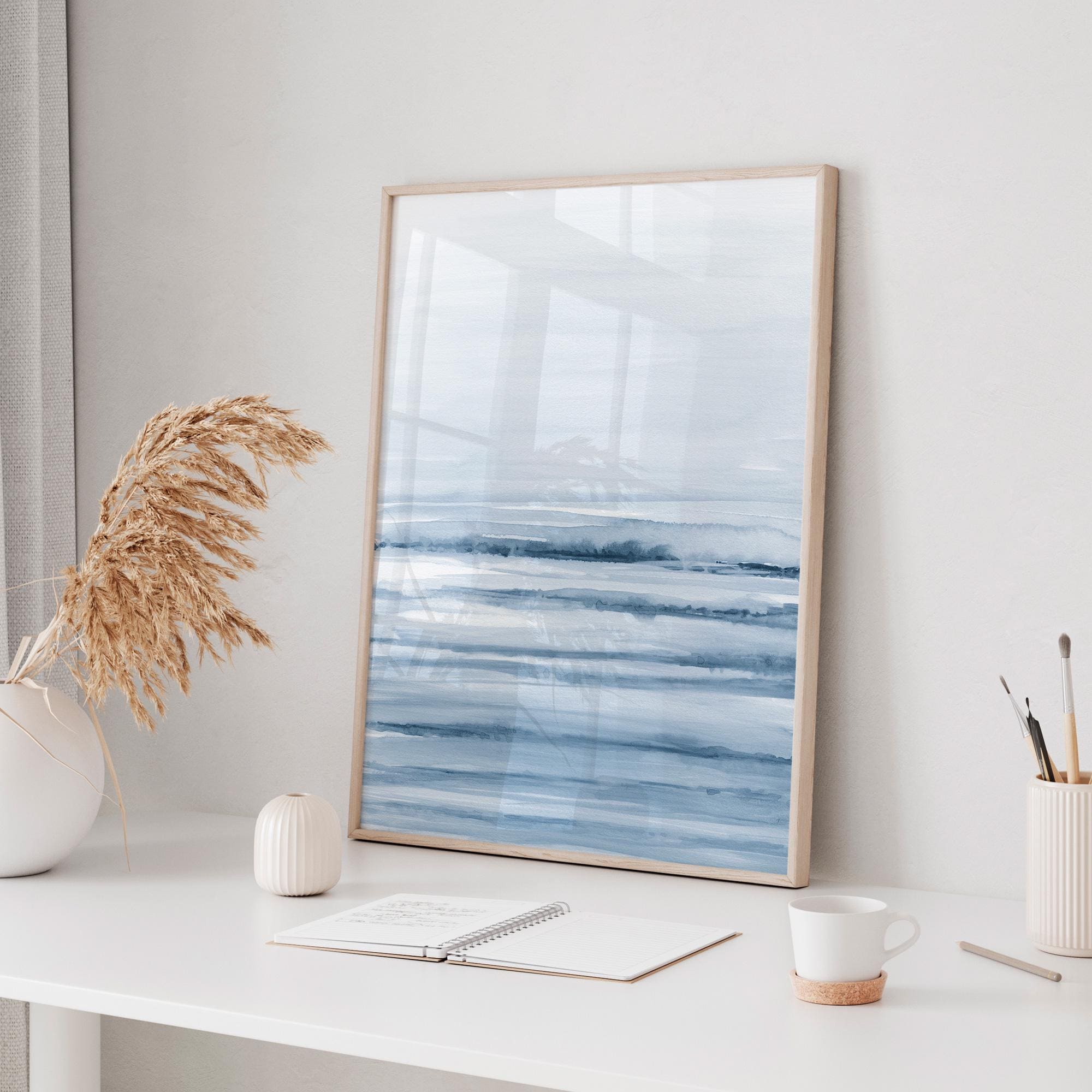 Abstract Blue Waves Printable Art, Minimalist Blue Ocean Landscape, Blue White Abstract Coastal Art, Ocean Watercolor Digital Print