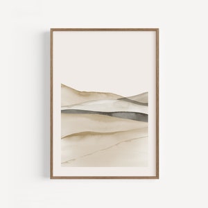 Arte imprimible beige y gris, Impresión de paisaje minimalista moderno, Montañas del desierto abstractas, Pintura de paisaje de arena