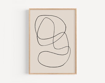 May include: Abstract art print featuring a black line drawing on a beige background, framed in a light wood. The artwork showcases a continuous line forming organic shapes, suitable for modern home decor.