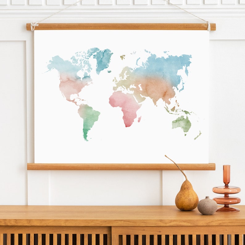 Pastel Watercolor World Map Poster, Abstract World Map Digital Print ...