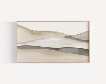 Neutral waves painting for TV, Digital Tv download abstract landscape, Minimal modern scenery TV background, Beige tones Tv artwork