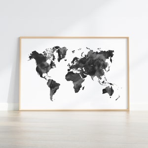 Arte mural de mapa del mundo en blanco y negro, póster minimalista de mapa del mundo, impresión de mapa del mundo abstracto, mapa del mundo en acuarela, descarga instantánea