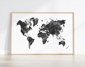 Black Watercolor Map Download, Minimalist World Map Poster, Abstract Travel Prints, Black and White Modern Wall Art, Scandinavian Print