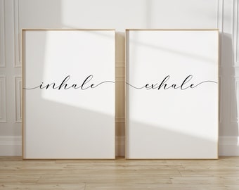 Inhale Exhale Wall Art Prints, Printable Wall Art Set of 2, Minimalist Yoga Wall Prints, Black and White Typography Posters, Home Wall Decor