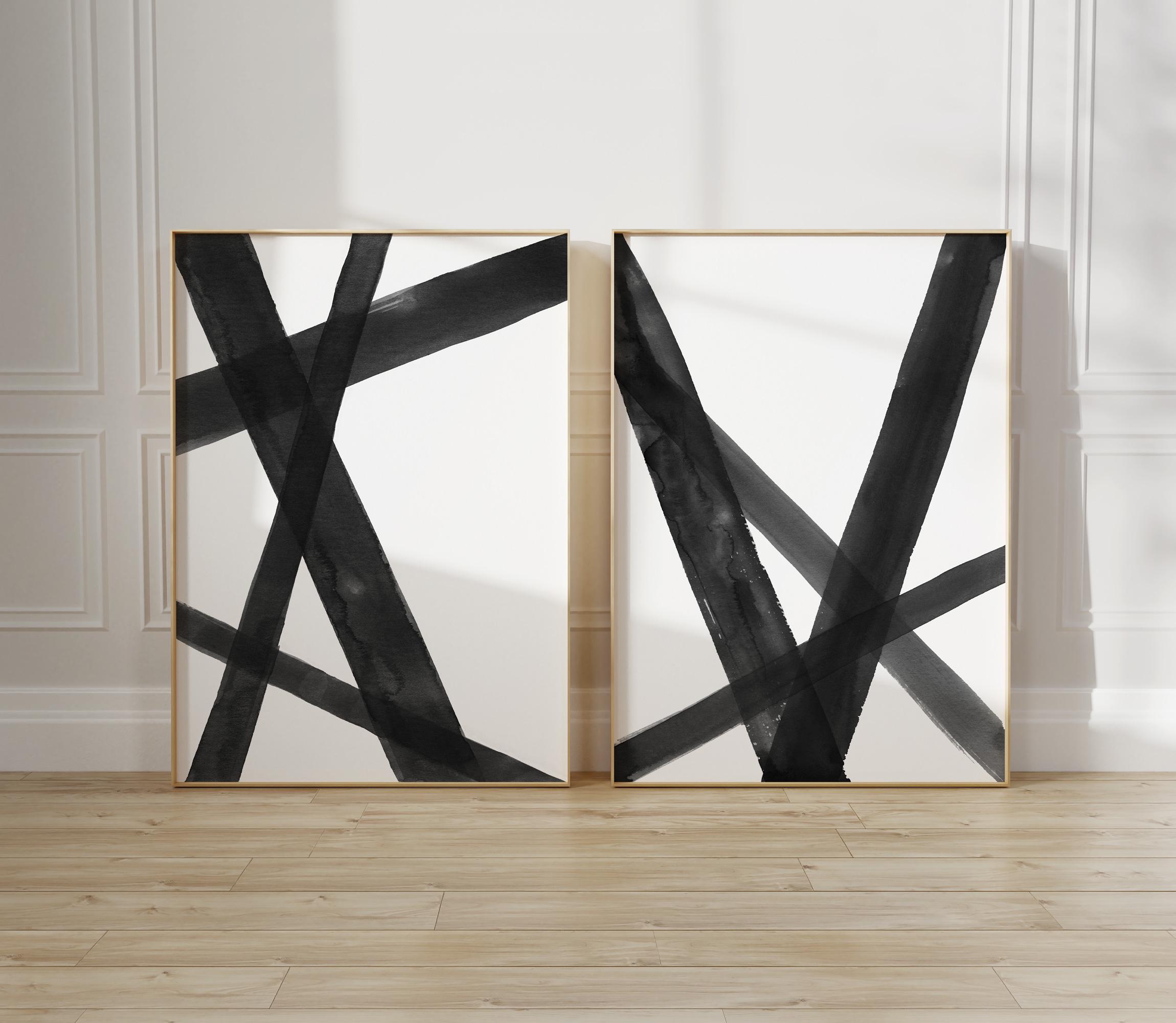 Brush Strokes Black White 2 Piece Wall Art, Modern Abstract Watercolor ...