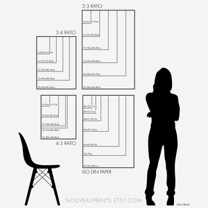 K&ouml;nnte beinhalten: Eine Tabelle mit verschiedenen Papiergr&ouml;&szlig;en in Zoll und Zentimetern f&uuml;r die Verh&auml;ltnisse 2:3, 3:4 und 4:5. Die Tabelle enth&auml;lt auch die ISO DIN Papiergr&ouml;&szlig;en. Rechts neben der Tabelle ist eine Silhouette einer Person zur Skalierung dargestellt.