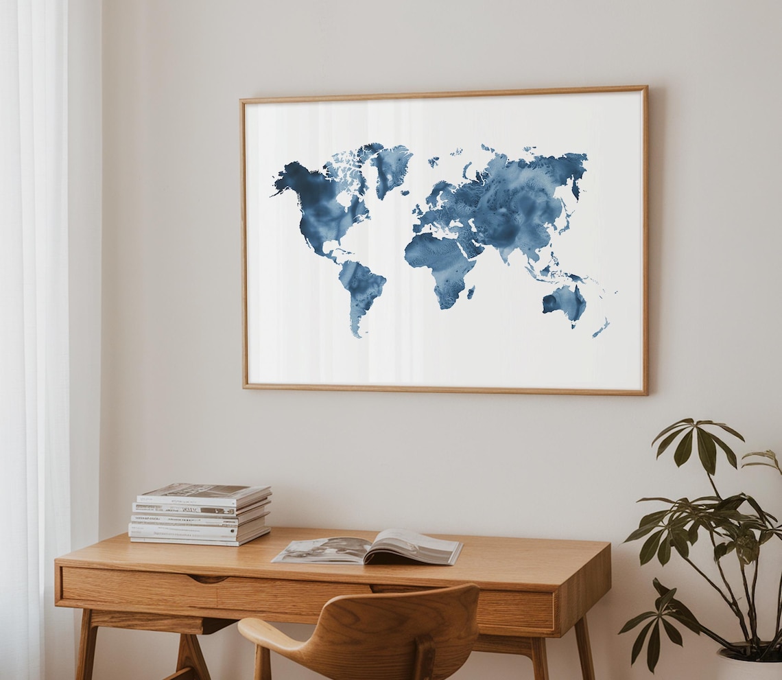 Blue World Map Print, Watercolor World Map Wall Art, Minimalist Navy ...