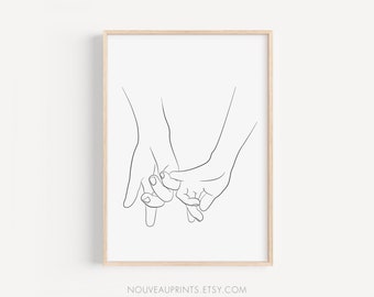 Romantic couple pinky promise line art, pinky swear contour drawings,  minimalist lovers holding hands one line drawing, Doodle flower on  watercolor texture set, Artwork No 6/9 Art Print by Creative Modern Art