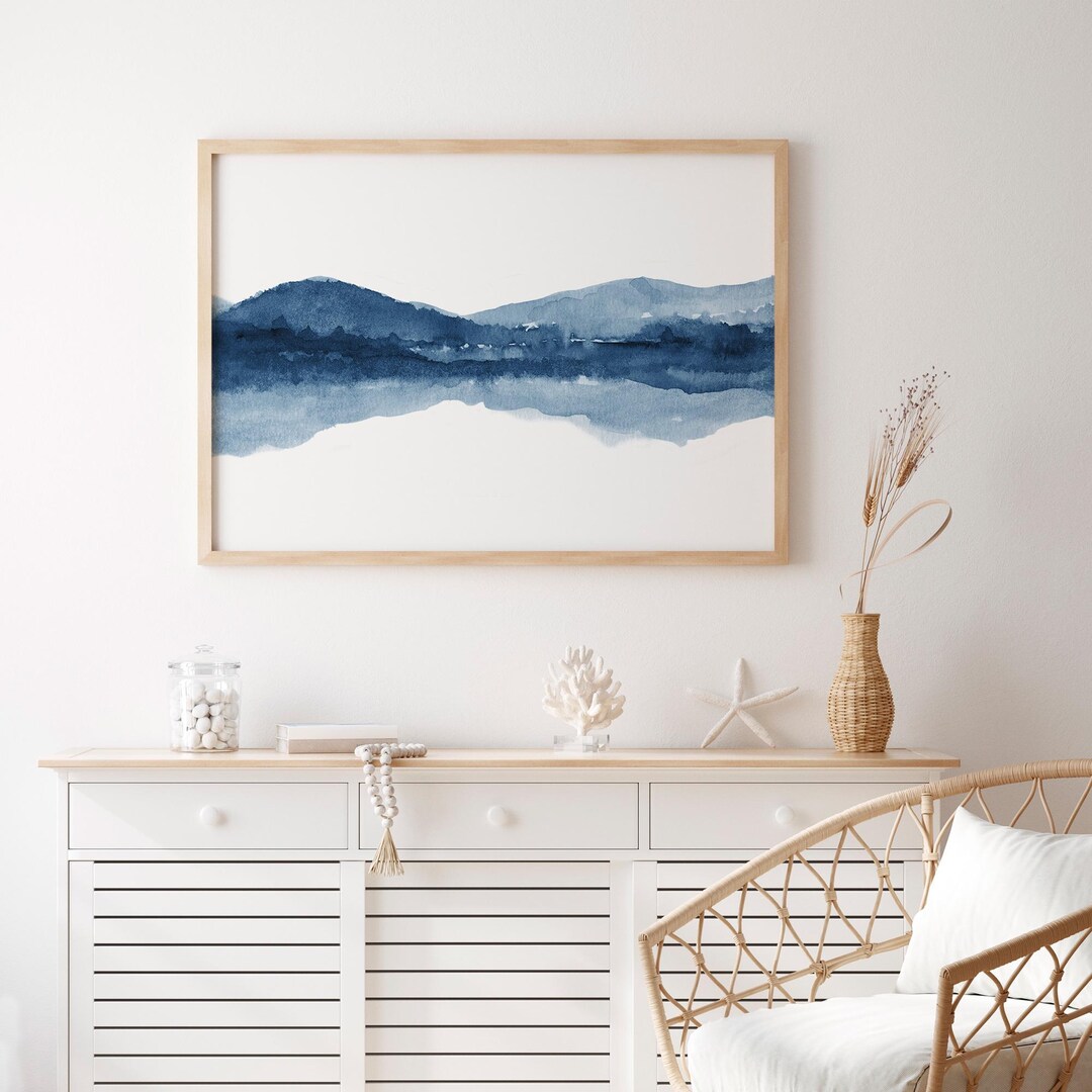 Blue Abstract Landscape Digital Download, Mountain Lake Watercolor Art ...