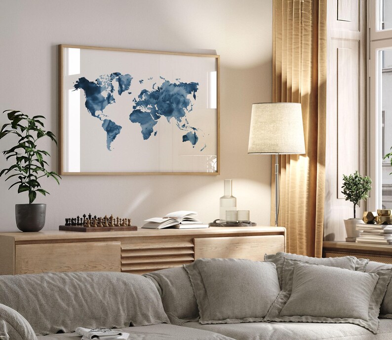 Blue World Map Print, Watercolor World Map Wall Art, Minimalist Navy ...