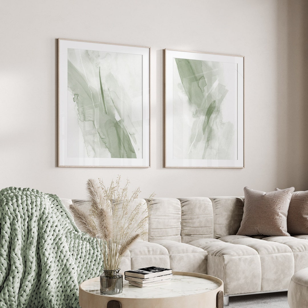 Set of 2 Sage Green Abstract Paintings, Downloadable Brushstroke Print ...