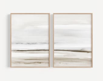 Beige And Grey Watercolor Set of 2, Neutral Landscape Abstract Print, Beige Watercolor Seascape, Printable Wall Art, Bedroom Wall Decor