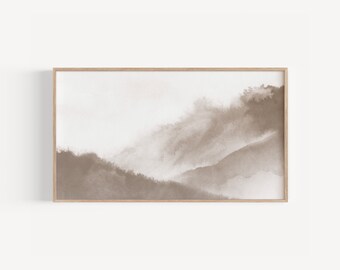 Samsung TV download abstract sepia landscape, Modern neutral mountains painting for TV, frame TV art of mountains watercolor scenery