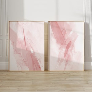 Juego de 2 impresiones de pinceladas en blanco y rosa, arte descargable en rosa, arte de pared minimalista y moderno para habitación de niñas, decoración abstracta de pared para dormitorio infantil