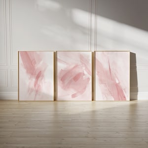Juego de 3 cuadros de arte de pared abstractos en rosa moderno, arte de pinceladas en rosa moderno, arte de pared estético imprimible, decoración minimalista para la pared del dormitorio