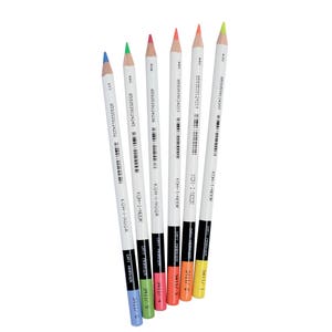 May include: A set of six white coloured pencils with black and coloured labels. The pencils are labelled with the brand name "KOH-I-NOOR" and the number "3411/1", "3111/2", "3411/3", "9117/4", "3411/5", and "3111/6".
