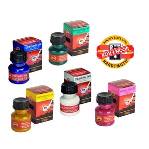 May include: Assortment of six bottles of Koh-I-Noor drawing ink in various colors, including blue, green, white, gold, and pink. Each bottle is labeled "Drawing Ink" and "Vmelicka Tus".