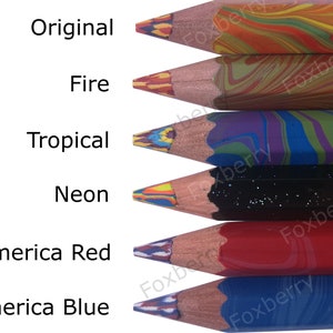 May include: Six colorful pencils with marbled wood casings. The pencils are labeled "Original", "Fire", "Tropical", "Neon", "America Red", and "America Blue".