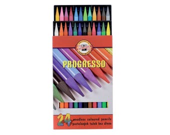 May include: A box of 24 woodless colored pencils, labeled "PROGRESSO" with the brand name "KOH-I-NOOR HARDTMUTH". The pencils are arranged in a rainbow pattern with the tips facing out.