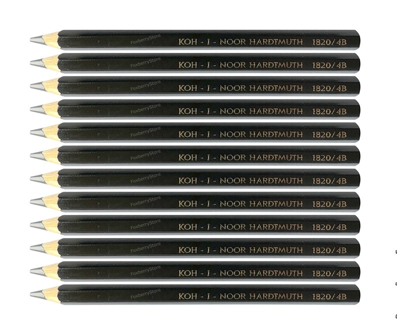 May include: A set of 12 black pencils with gold lettering. Each pencil is labeled "KOH-I-NOOR HARDTMUTH 1820/4B".
