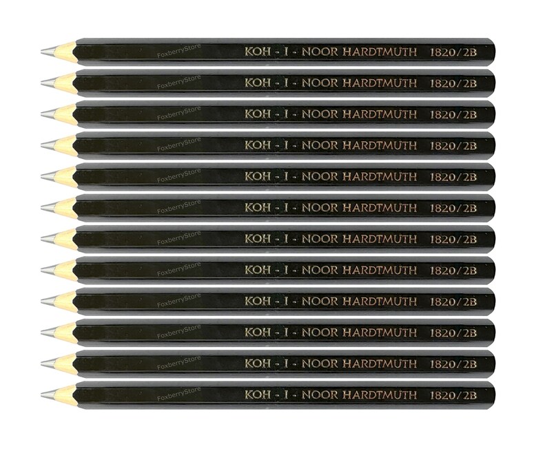 May include: A pack of 12 black pencils with gold lettering that reads "KOH-I-NOOR HARDTMUTH 1820/2B".