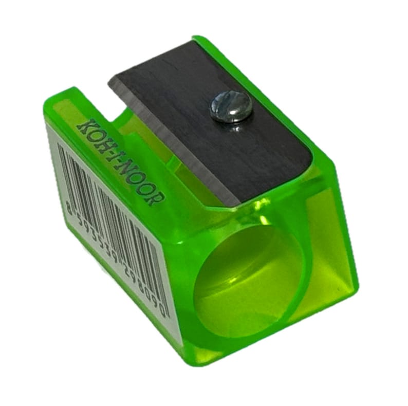 May include: A green plastic pencil sharpener with a silver blade. The sharpener has a clear plastic ring around the center and the brand name "KOH-I-NOOR" printed on the side.