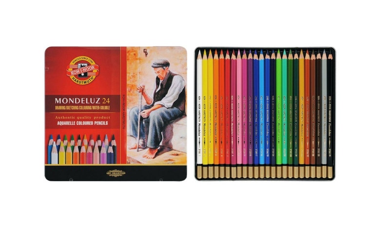 Watercolor Colored Pencil Set Koh-I-Noor Mondeluz 3727 3726 In Metal Case Water Soluble Aquarell Artist Drawing Coloring 24 pencils