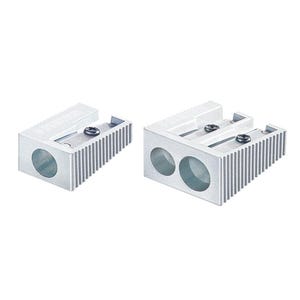 May include: Two silver pencil sharpeners. One sharpener has a single hole and the other has two holes. Both sharpeners have a ribbed design.