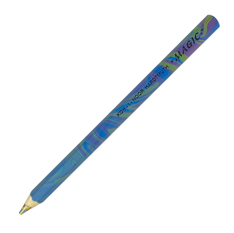 May include: A blue, green, and purple marbled pencil with the text "KOH-I-NOOR HARDTMUTH *MAGIC*" printed on the side.