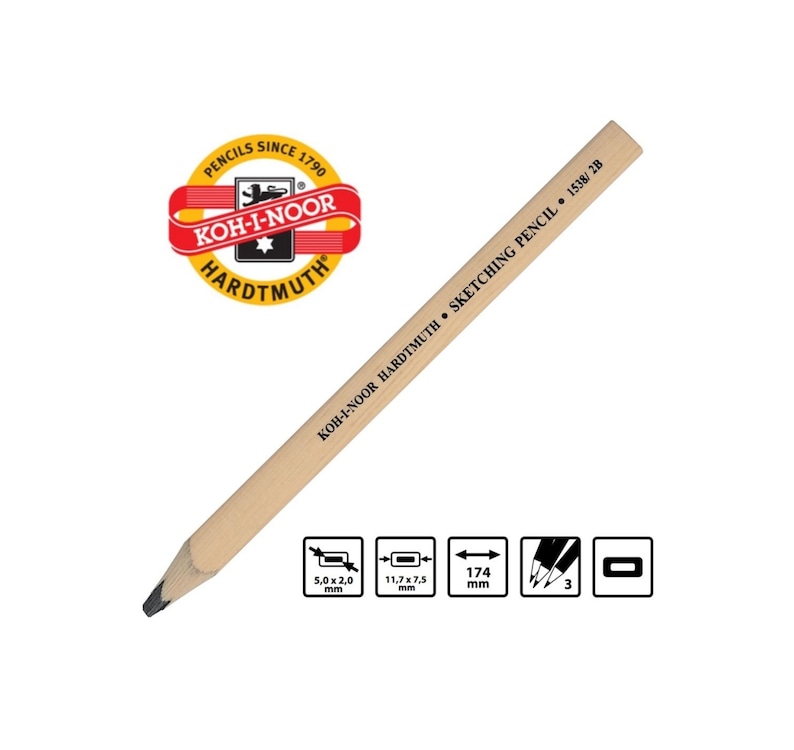 May include: A wooden Koh-I-Noor Hardtmuth sketching pencil with a black graphite lead. The pencil is labelled "KOH-I-NOOR HARDTMUTH SKETCHING PENCIL 1538/28".