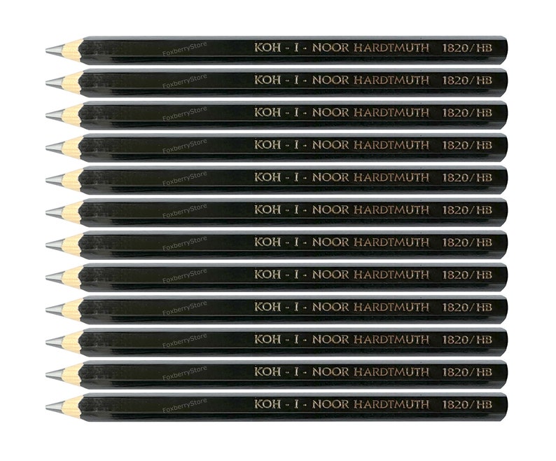 May include: A pack of twelve black pencils with gold lettering. The pencils are labeled "KOH-I-NOOR HARDTMUTH 1820/HB".