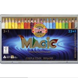 Koh-I-Noor Magic 3408 Lápis de cor Jumbo multicoloridos definidos em caixa de metal Lápis triangular para desenho e coloração