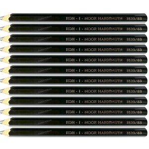 May include: Twelve black pencils with silver tips. Each pencil has gold lettering that reads "KOH-I-NOOR HARDTMUTH 1820/8B".