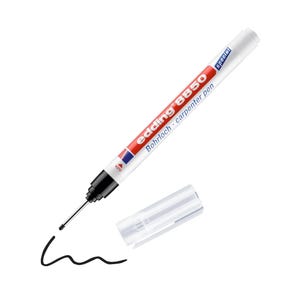 May include: A white and red Edding 8850 carpenter pen with the text "edding 8850 Bohrloch - carpenter pen". The pen has a black tip and a clear cap. A black line is drawn from the pen's tip.