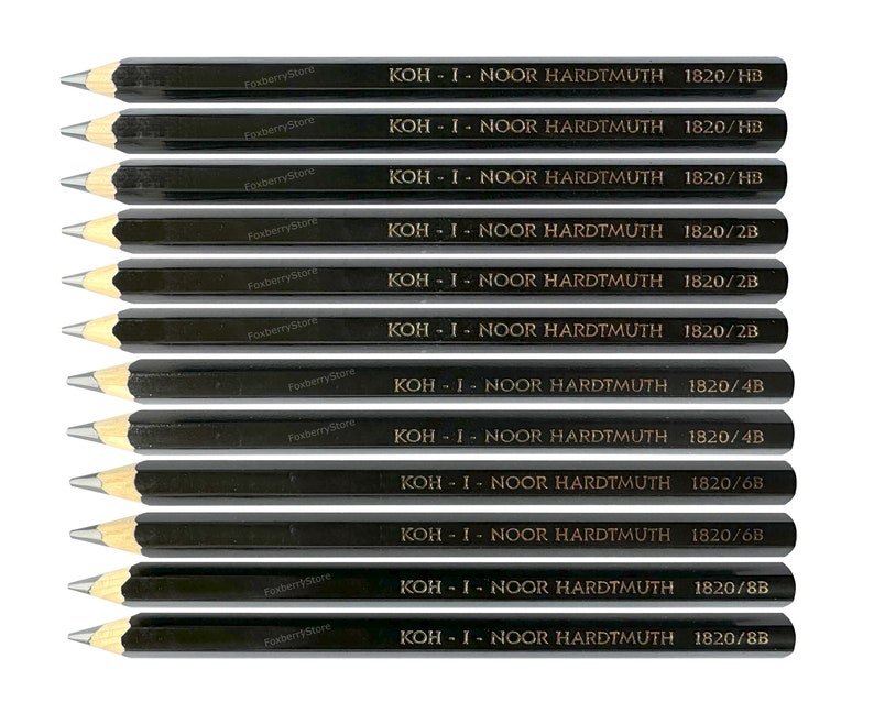 May include: A set of 12 black pencils with gold lettering. The pencils are labeled with the brand name "KOH-I-NOOR HARDTMUTH" and the grade of the lead, ranging from HB to 8B.
