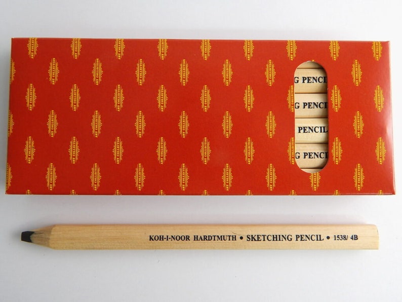 May include: A box of Koh-I-Noor Hardtmuth sketching pencils in a red and gold patterned box. The pencils are labelled "G PENCIL" and "PENCIL".