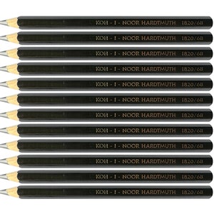 May include: Twelve black pencils with gold lettering. Each pencil has the text "KOH-I-NOOR HARDTMUTH 1820/6B" printed on the side.