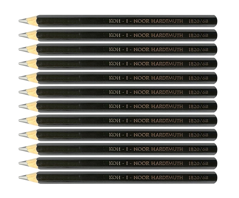 May include: Twelve black pencils with gold lettering. Each pencil has the text "KOH-I-NOOR HARDTMUTH 1820/6B" printed on the side.