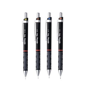 Könnte beinhalten: Vier schwarze mechanische Bleistifte mit roten, blauen und gelben Akzenten. Die Stifte sind mit "Rotring Tikky 0.35", "Rotring Tikky 0.5", "Rotring Tikky 0.7" und "Rotring Tikky 1.0" beschriftet.