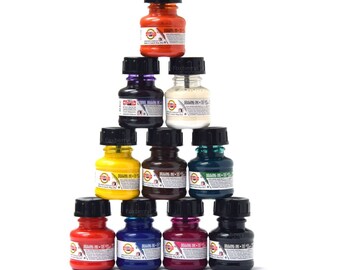 Drawing Ink Set Colour Artist 20g Jars Koh-I-Noor for Fountain Pen Airbrush Brush Fluorescent Neon Black White Blue Green School Kids Art